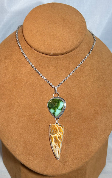 Petrified Wood and Turquoise Pendant Necklace by Dezbah Stumpff