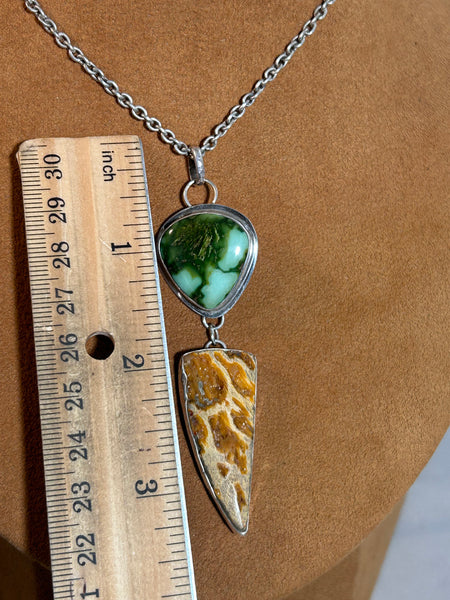 Petrified Wood and Turquoise Pendant Necklace by Dezbah Stumpff