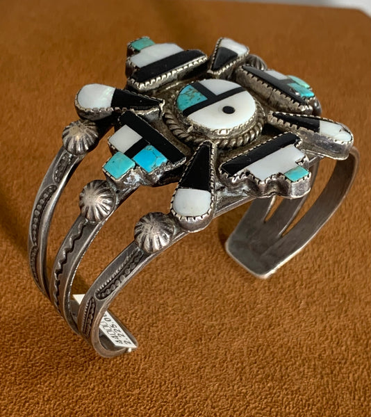Vintage Zuni Sunface Onyx Inlay Cuff (Circa 1950s)