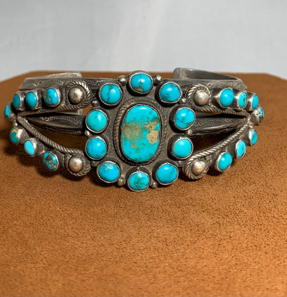 Ornate Vintage Blue Gem Navajo Cuff (Circa 1930)