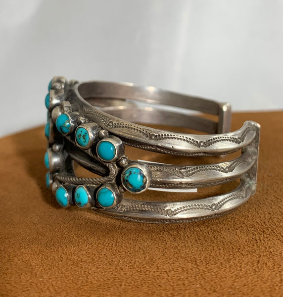 Ornate Vintage Blue Gem Navajo Cuff (Circa 1930)