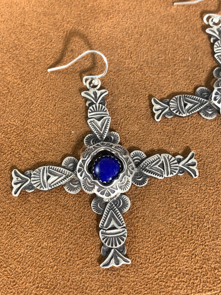 Captive Stone Lapis Cross Earrings by Gregory Segura