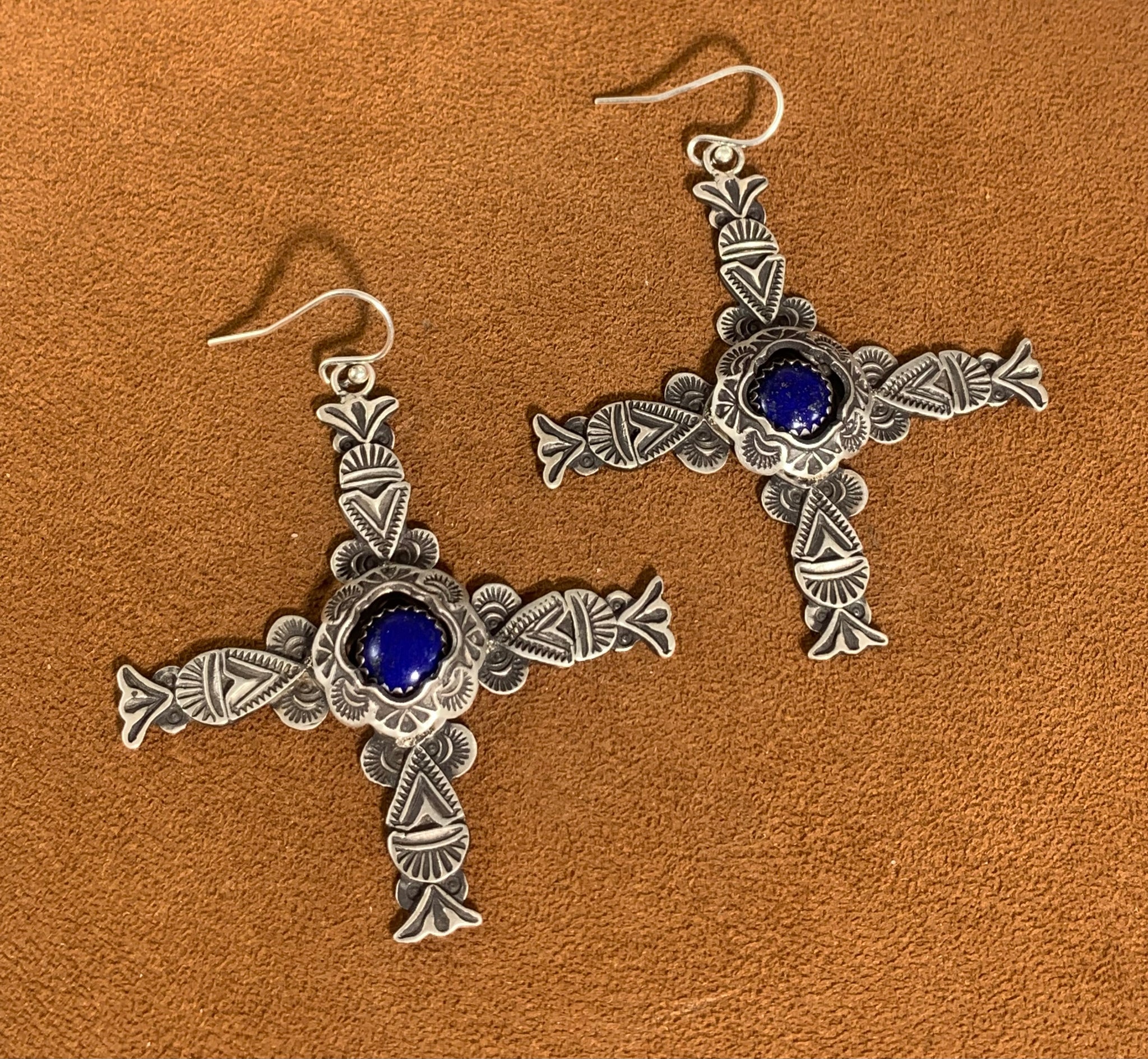 Captive Stone Lapis Cross Earrings by Gregory Segura