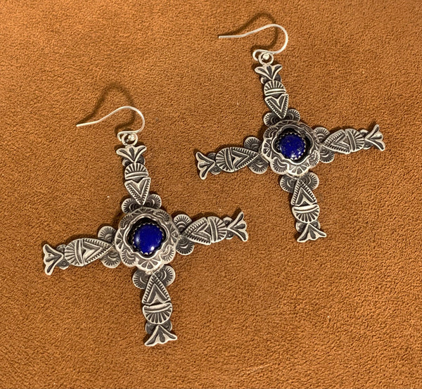 Captive Stone Lapis Cross Earrings by Gregory Segura