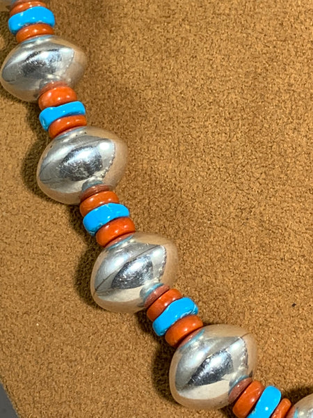 Silver, Coral and Turquoise Bead Necklace by Don Lucas