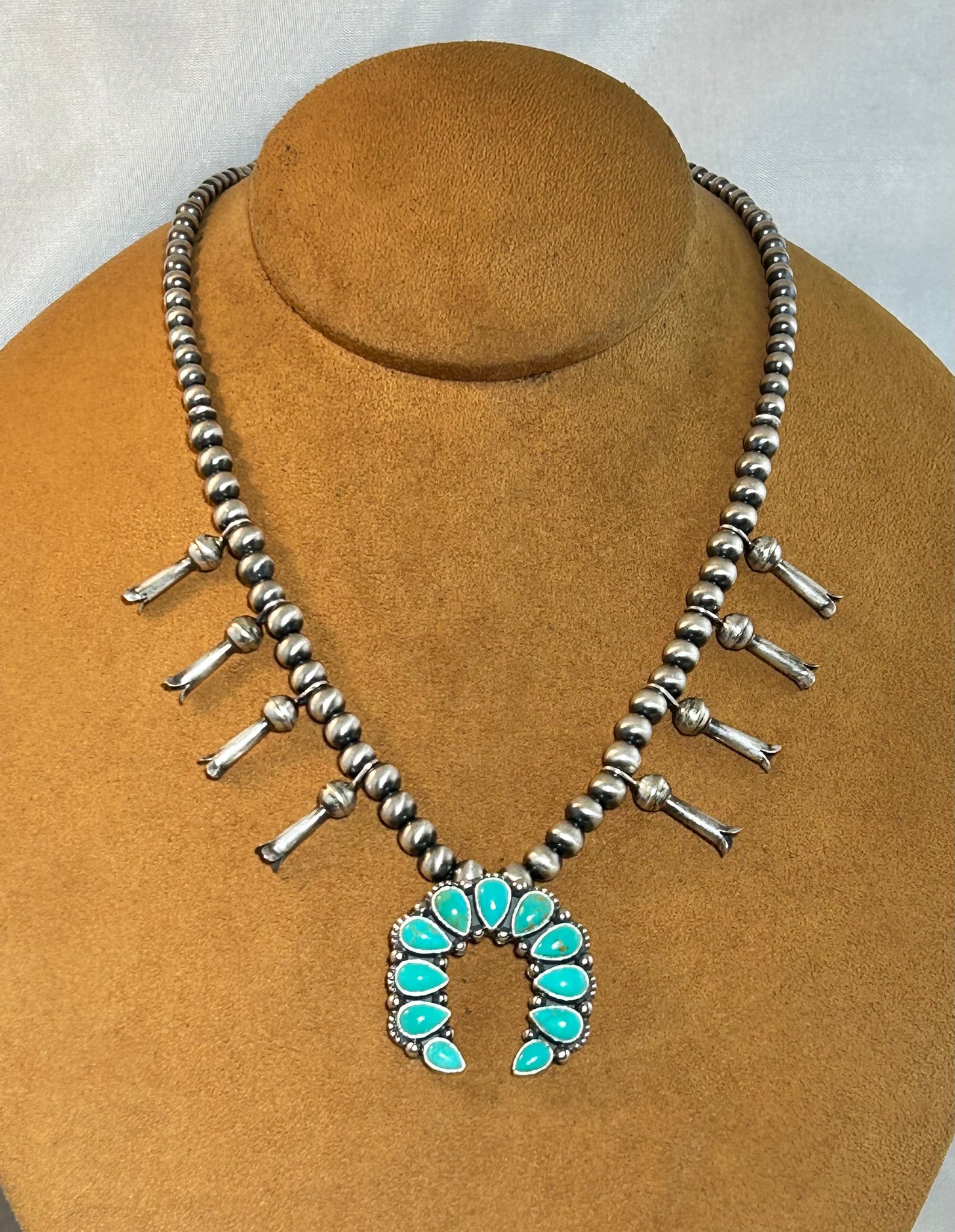 Small Sterling Silver and Turquoise Squash Blossom Necklace by Keven Randall Studios