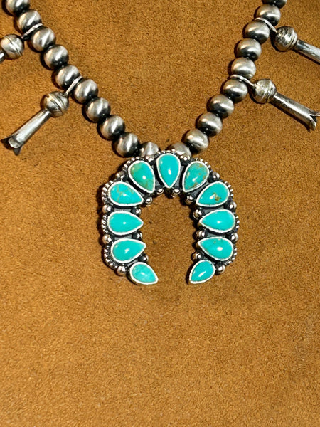 Small Sterling Silver and Turquoise Squash Blossom Necklace by Keven Randall Studios