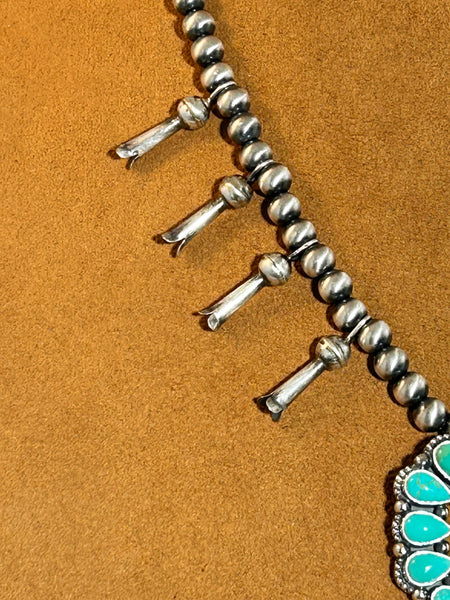 Small Sterling Silver and Turquoise Squash Blossom Necklace by Keven Randall Studios