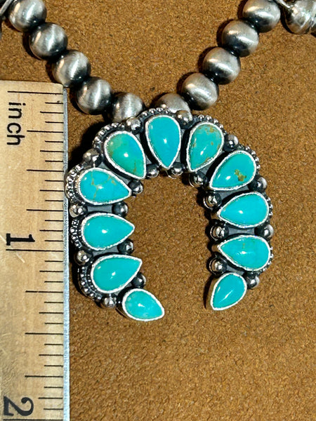 Small Sterling Silver and Turquoise Squash Blossom Necklace by Keven Randall Studios