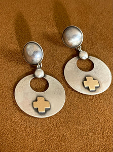 Gold Cross Silver Circle Earrings