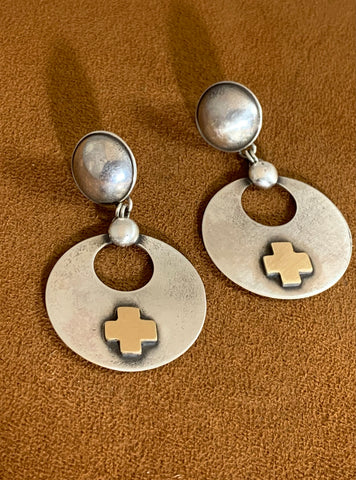 Gold Cross Silver Circle Earrings