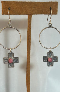 Hoop and Cross Spiny Oyster Earrings by Don Lucas