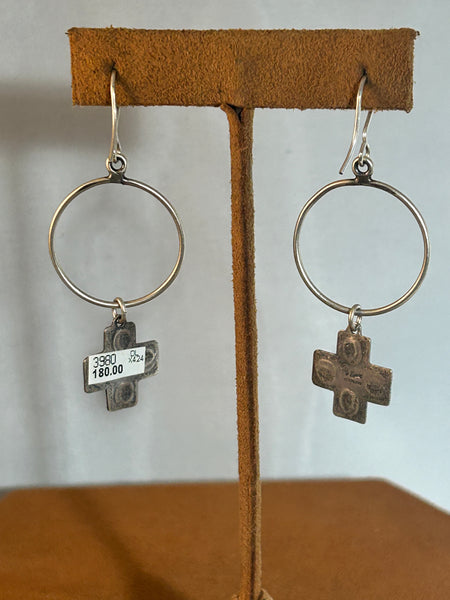 Hoop and Cross Spiny Oyster Earrings by Don Lucas