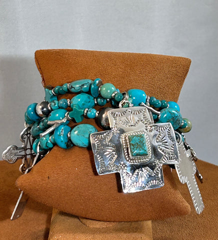 Three Strand Turquoise Cross Charm Bracelet by Kim Yubeta