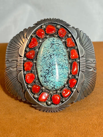 Vintage Turquoise and Coral Cuff