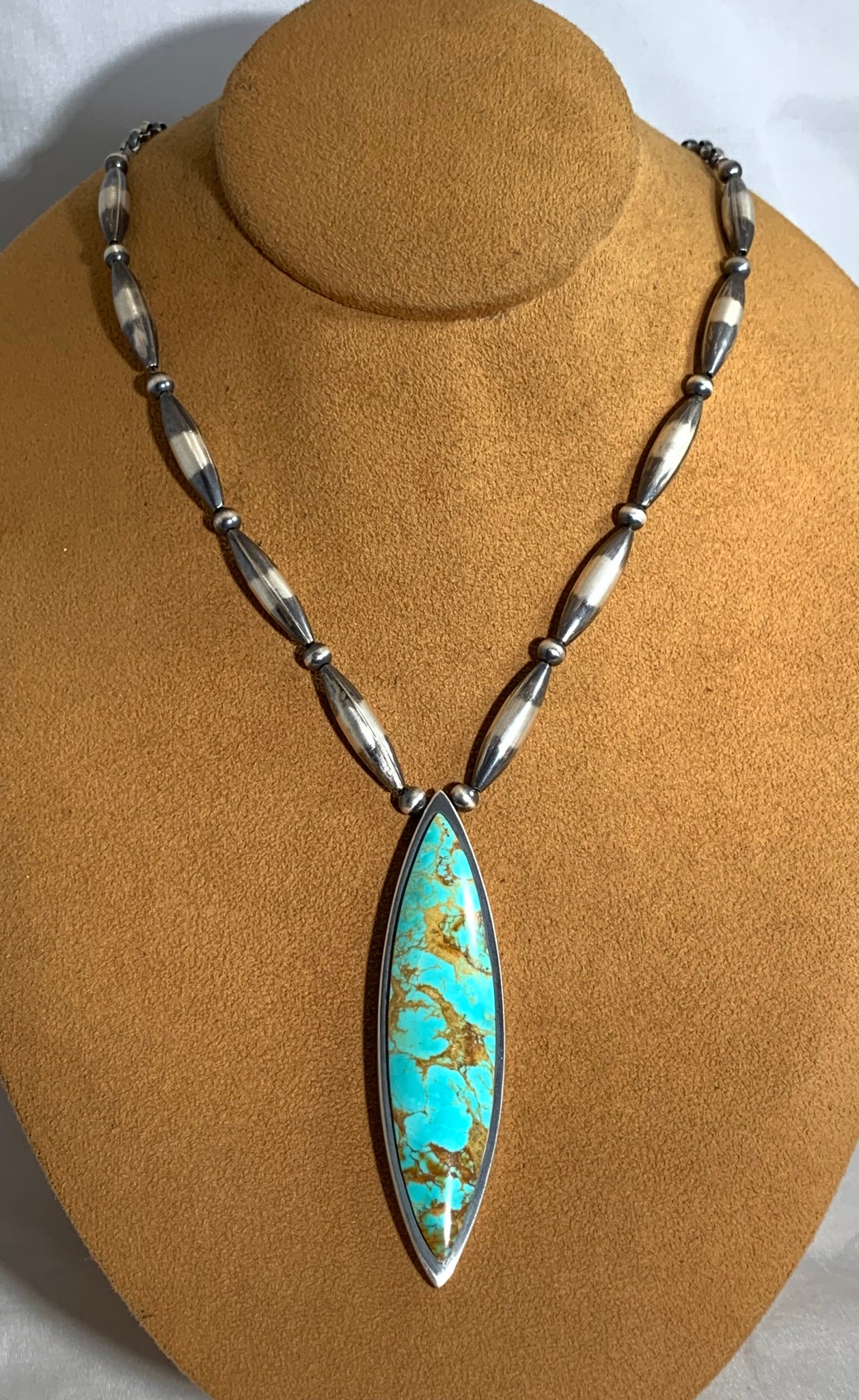 Tyrone Turquoise Marquis Necklace by Gloria Sawin and John Hull