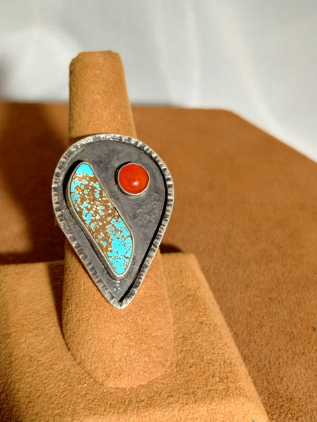 Teardrop Cerrillos Turquoise and Carnelian Ring