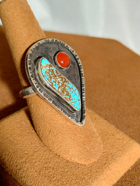 Teardrop Cerrillos Turquoise and Carnelian Ring