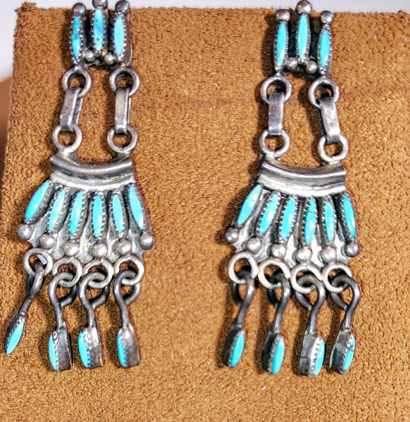 Vintage Turquoise & Sterling Silver Petit Point Chandelier Dangle Earrings with Articulated Drops