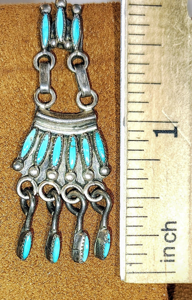 Vintage Turquoise & Sterling Silver Petit Point Chandelier Dangle Earrings with Articulated Drops
