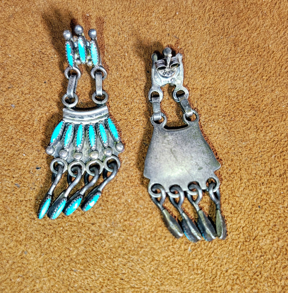 Vintage Turquoise & Sterling Silver Petit Point Chandelier Dangle Earrings with Articulated Drops
