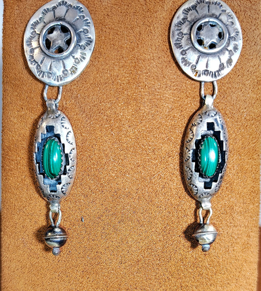 Vintage Southwestern Sterling Silver Green Stone Dangle Earrings with Star & Stamped Silver Details