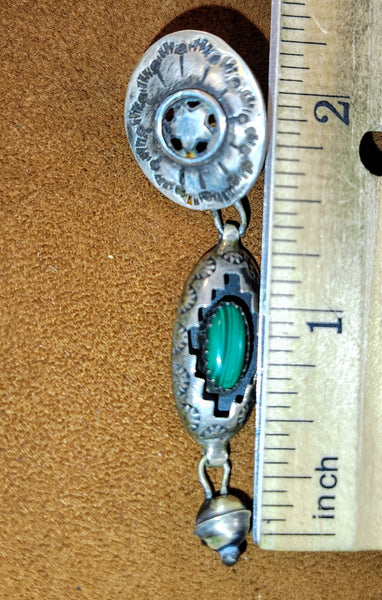 Vintage Southwestern Sterling Silver Green Stone Dangle Earrings with Star & Stamped Silver Details