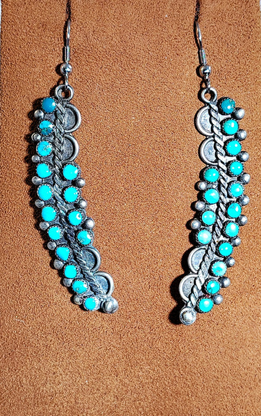 Vintage Petit Point Turquoise Sterling Silver Long Dangle Earrings with Twisted Rope & Silver Drop Accents