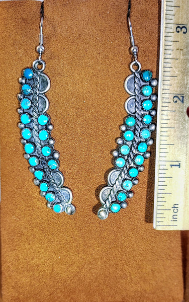 Vintage Petit Point Turquoise Sterling Silver Long Dangle Earrings with Twisted Rope & Silver Drop Accents