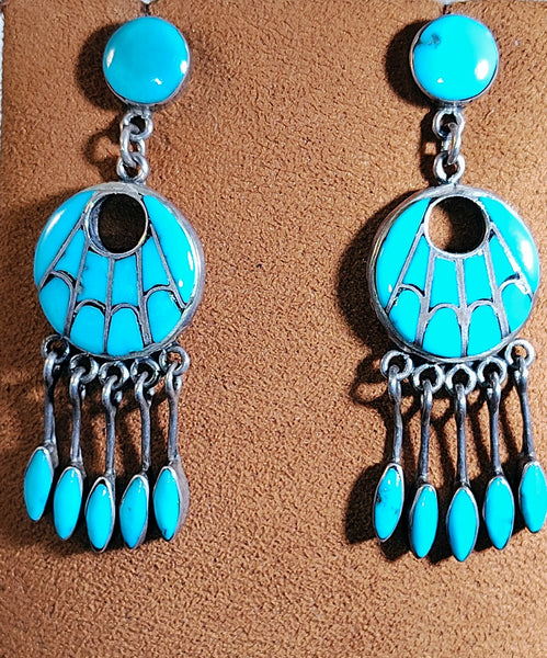 Vintage Turquoise Inlay Sterling Silver Necklace & Dangle Earrings Jewelry Set