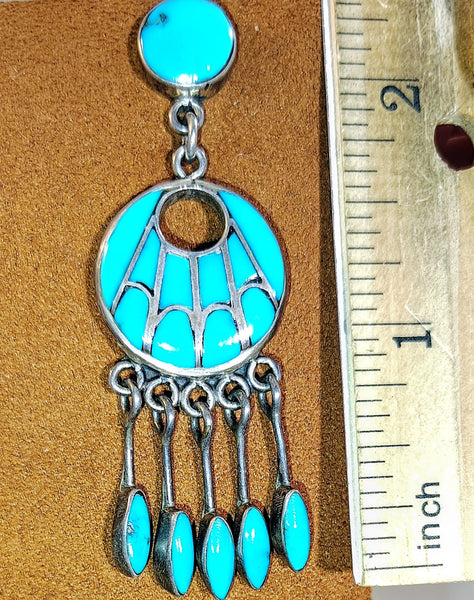 Vintage Turquoise Inlay Sterling Silver Necklace & Dangle Earrings Jewelry Set