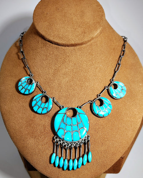 Vintage Turquoise Inlay Sterling Silver Necklace & Dangle Earrings Jewelry Set