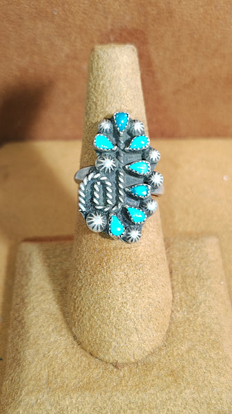 Sterling Silver Turquoise Cluster Ring | Southwest Feather & Rope Design