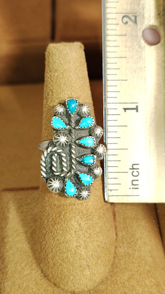 Sterling Silver Turquoise Cluster Ring | Southwest Feather & Rope Design