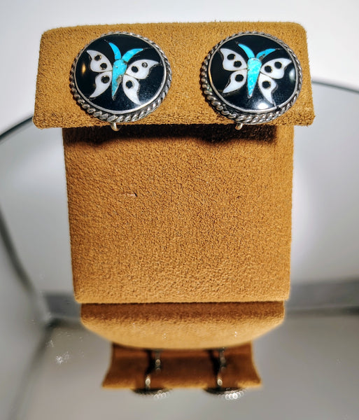 Vintage Butterfly Inlay Earrings – Turquoise, Black & White