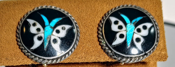 Vintage Butterfly Inlay Earrings – Turquoise, Black & White