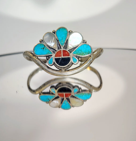 Vintage Turquoise & Multi-Stone Inlay Cuff Bracelet – Southwestern Sunburst Design