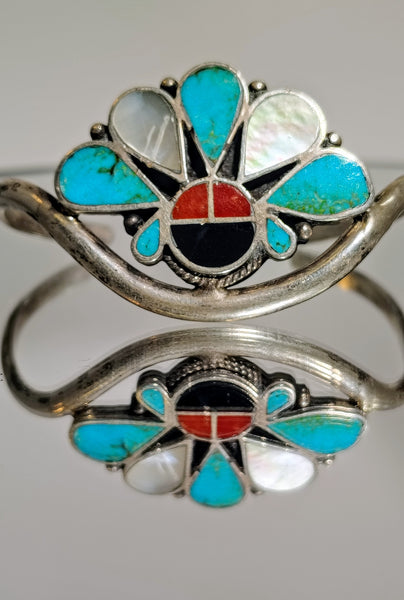 Vintage Turquoise & Multi-Stone Inlay Cuff Bracelet – Southwestern Sunburst Design