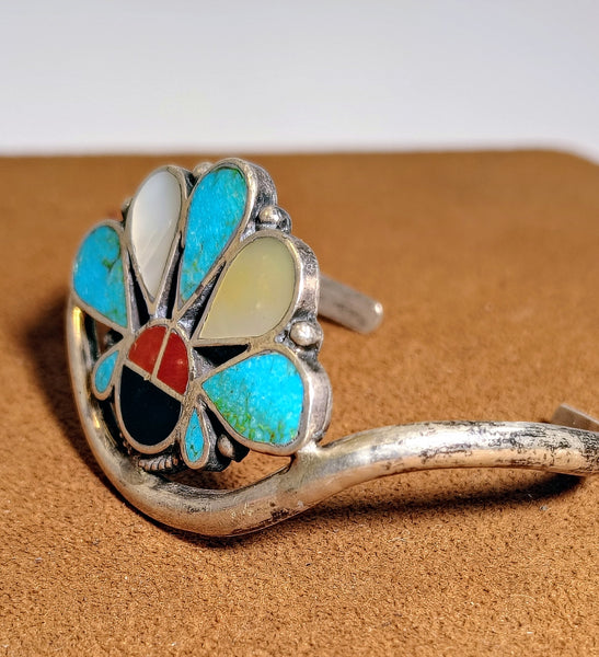 Vintage Turquoise & Multi-Stone Inlay Cuff Bracelet – Southwestern Sunburst Design