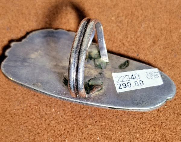 Vintage Turquoise, Mother of Pearl & Black Inlay Ring – Southwestern Silver Leaf Design
