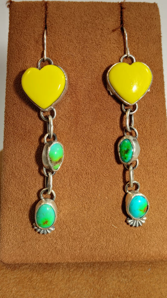 Yellow Heart & Turquoise Dangle Earrings