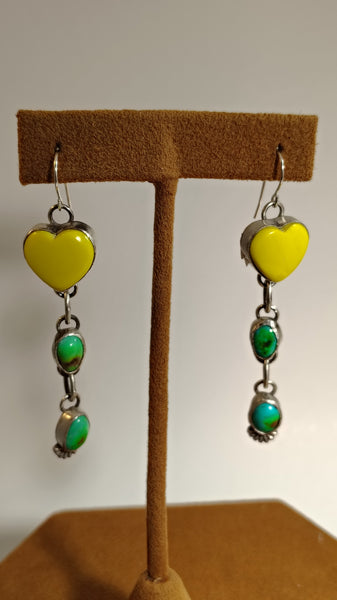 Yellow Heart & Turquoise Dangle Earrings