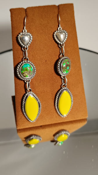 Yellow Rosarita & Turquoise Sterling Silver Dangle Earrings – Heart Detail