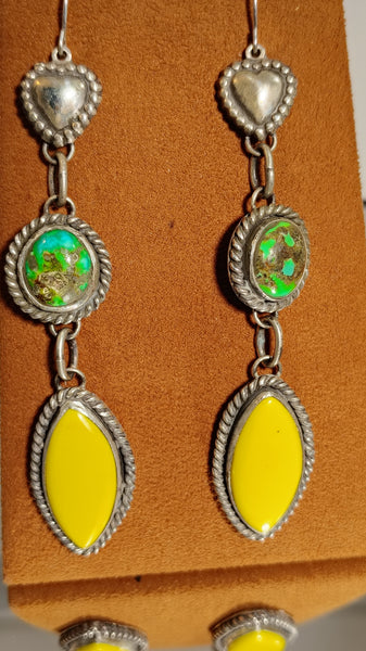 Yellow Rosarita & Turquoise Sterling Silver Dangle Earrings – Heart Detail