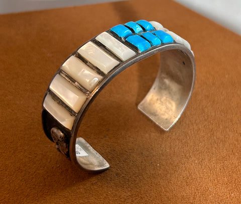 Vintage Mother of Pearl and Turquoise Cuff by Gilbert Ortega Sr. Jewerly (1970s)