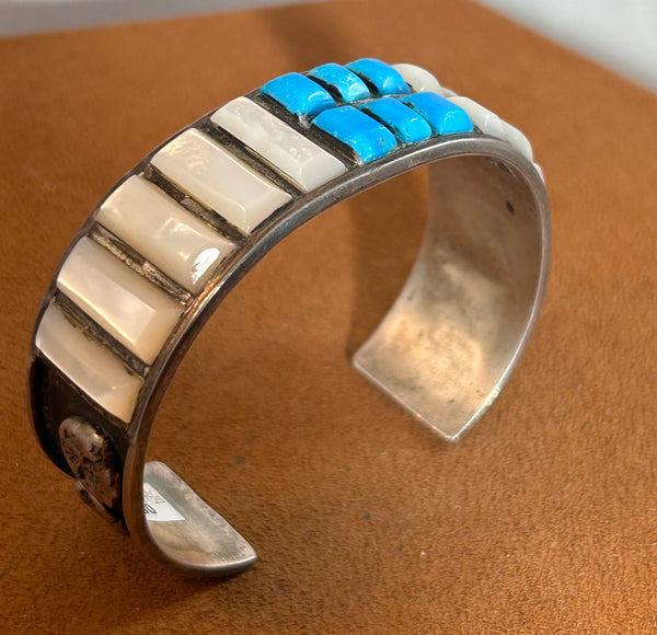 Vintage Mother of Pearl and Turquoise Cuff by Gilbert Ortega Sr. Jewerly (1970s)