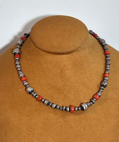 18" Silver Bead and Coral Necklace by Don Lucas