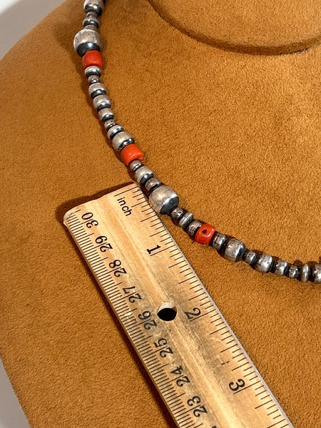 18" Silver Bead and Coral Necklace by Don Lucas