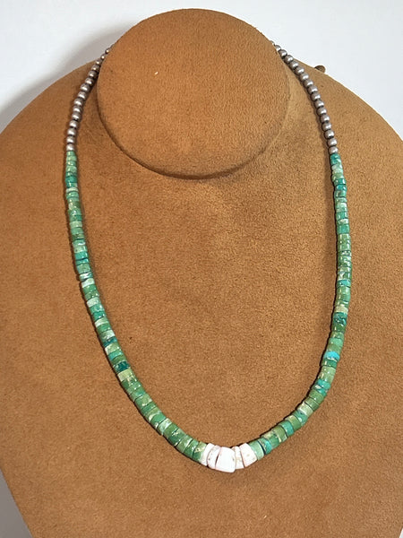 19" Green Turquoise with Shell Necklace by Don Lucas
