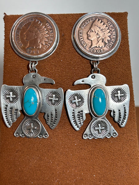Thunderbird and Vintage Penny Earrings by Dennis Hogan